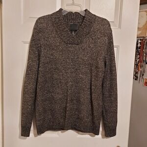 HM Mens Shawl Collar Pullover Sweater Charcoal Black Marled Cotton Blend Size M